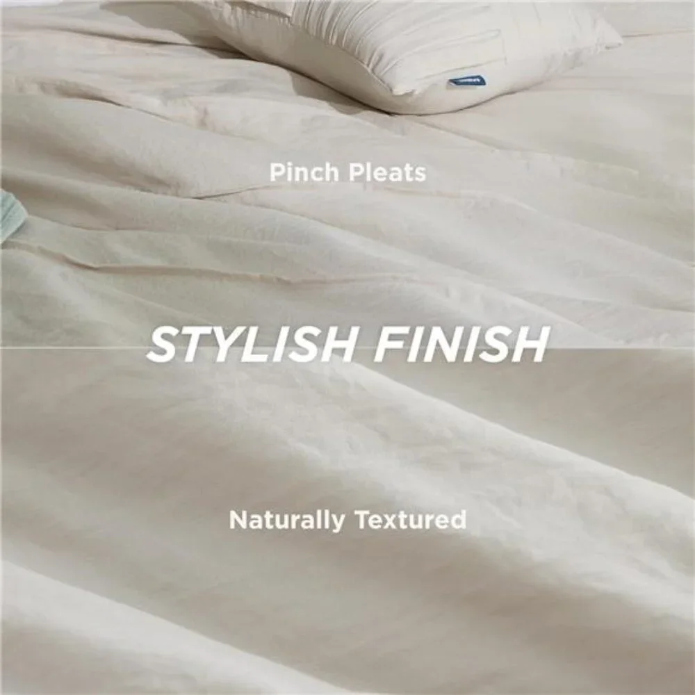 Queen Comforter Set - 4 Pieces Pinch Pleat Bed Set, Beige Boho Bedding